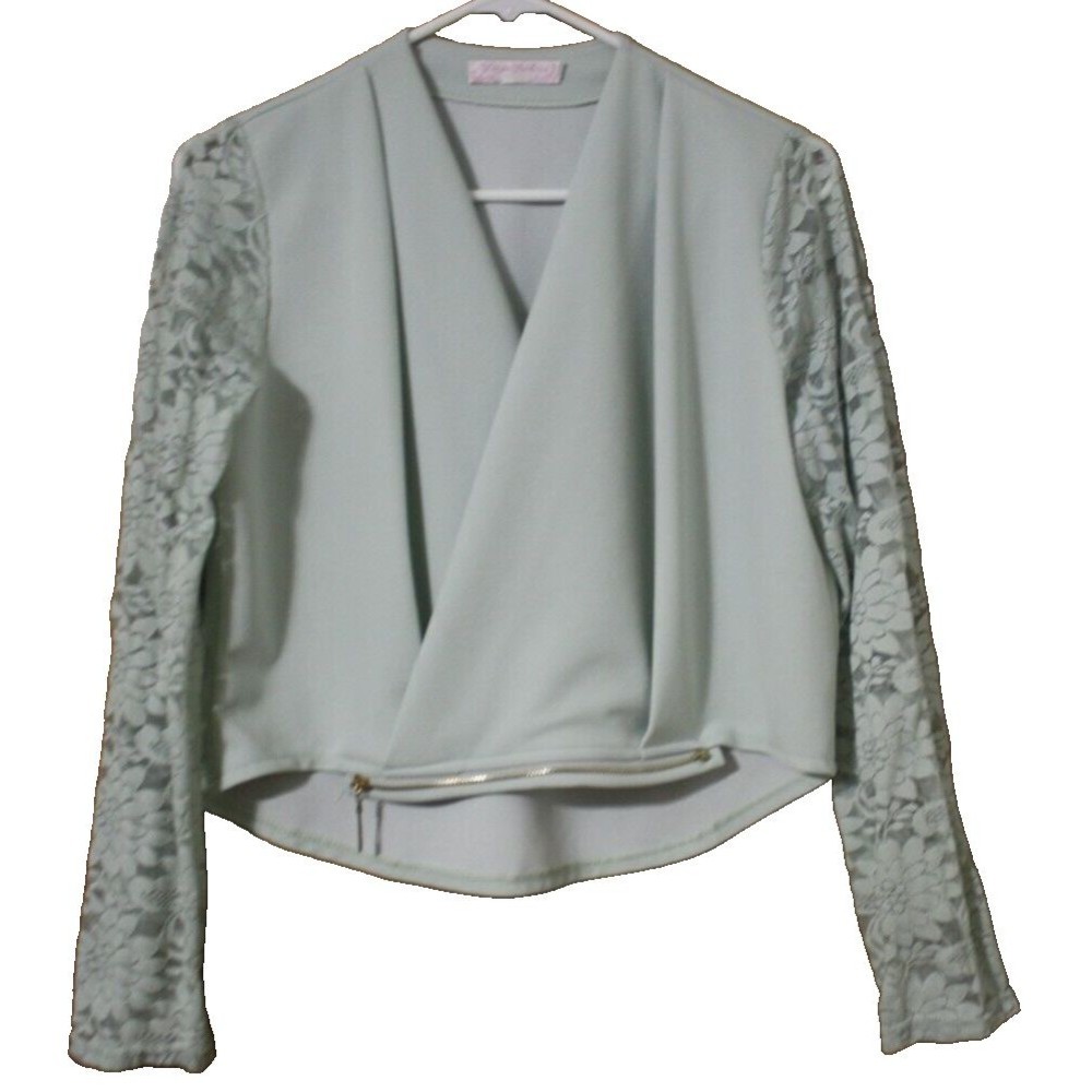 Women's Yingxi Jacket Blouse Sz L Mint Green Lace LS Zipper Detail Unique GUC